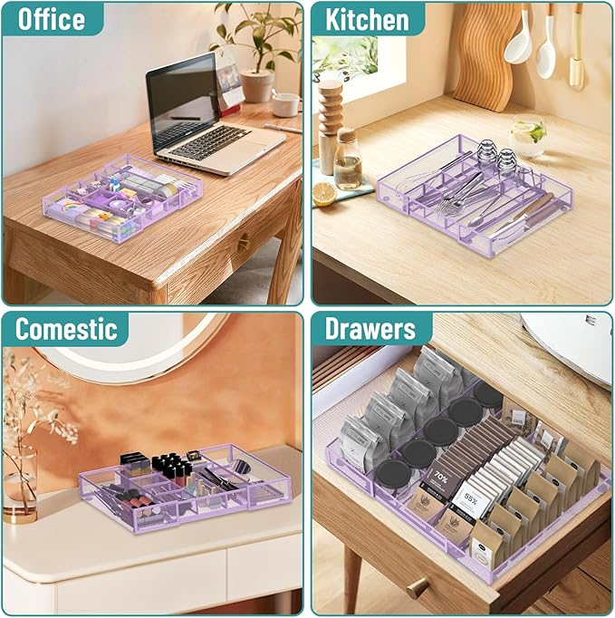 Expandable Desk Drawer Organizer Tray with 10 Adjustable Compartments, Metal Mesh Office Drawer Organizer, Versatile Desk Organizer for Home, School Supplies, Makeup Vanity & Jewelry (Purple)