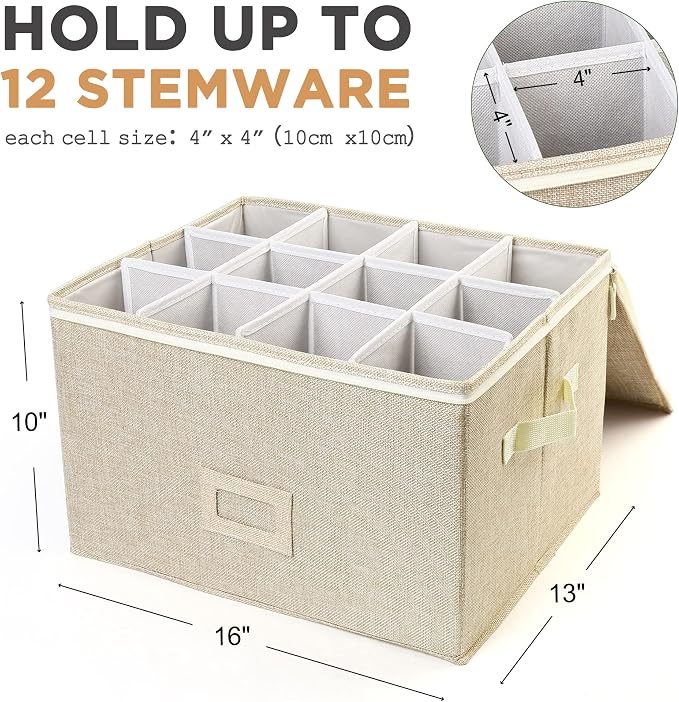 LotFancy Stemware Storage Container for Moving, Hard Shell, Stackable Wine Glass Storage Box with Dividers & Handles, Crystal Glassware, Champagne Flute, Drinkware Case, Beige