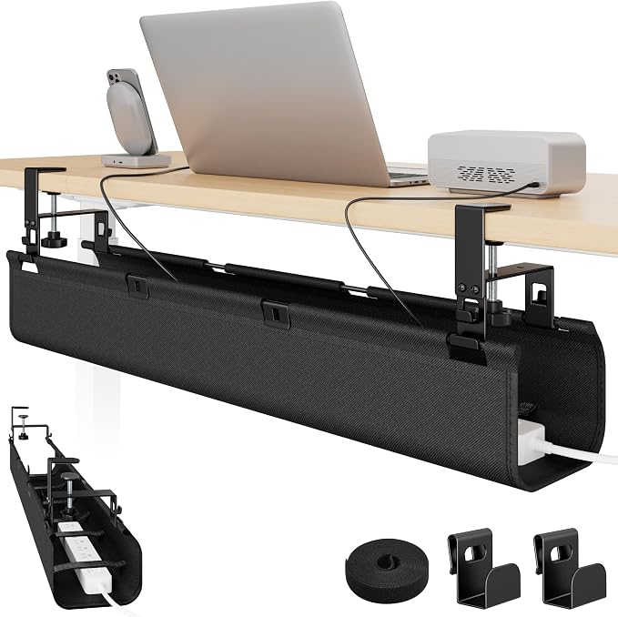 PEGZONE No Drill Under Desk Cable Management Tray, 31.5" Fabric Organizer | Clamp/Screw Premium Mount Cord Holder, for Power Strips, Adapters, with 2 Hooks & 1 Tie Roll for Home Office Gaming, Black