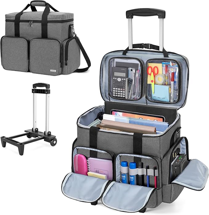 Rolling Teacher Tote Bag with 2 Detachable Pouches for Work, Gray | Wheeled Teacher Uility Bag with 15.6" Padded Laptop Sleeve, Large Briefcase with Detachable Trolley for Women
