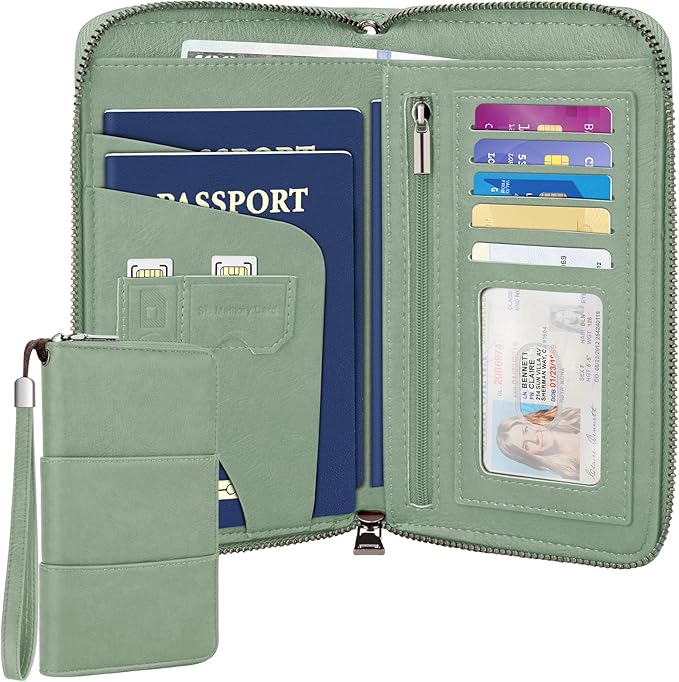 RFID Family Passport Holder Wallet - Travel Document Organizer | PU Leather, with Wristlet, Zipper, Cards, Boarding Pass, ID, Cash, Ticket Pockets,Travel Essentials Gifts for Women Men