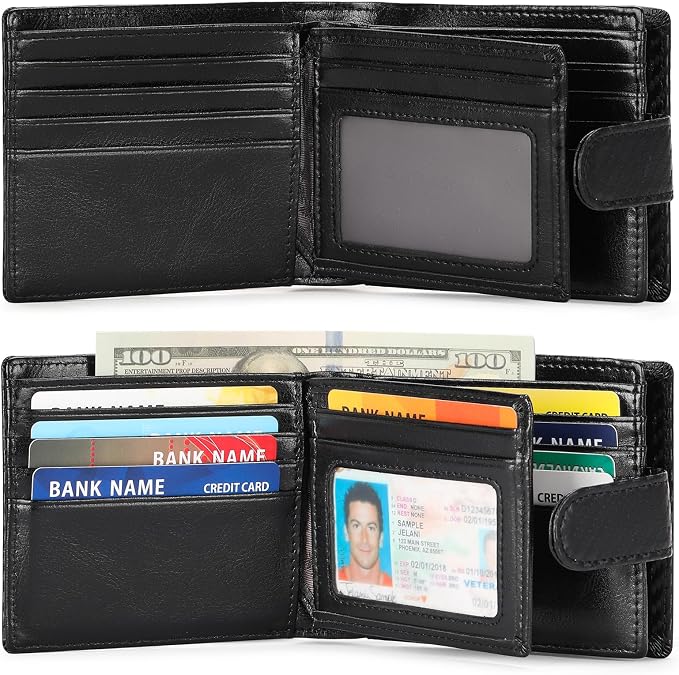 GOIACII Mens Wallet Large Capacity Genuine Leather RFID Blocking Bifold Wallets for Men with ID Window and 15 Card Slots