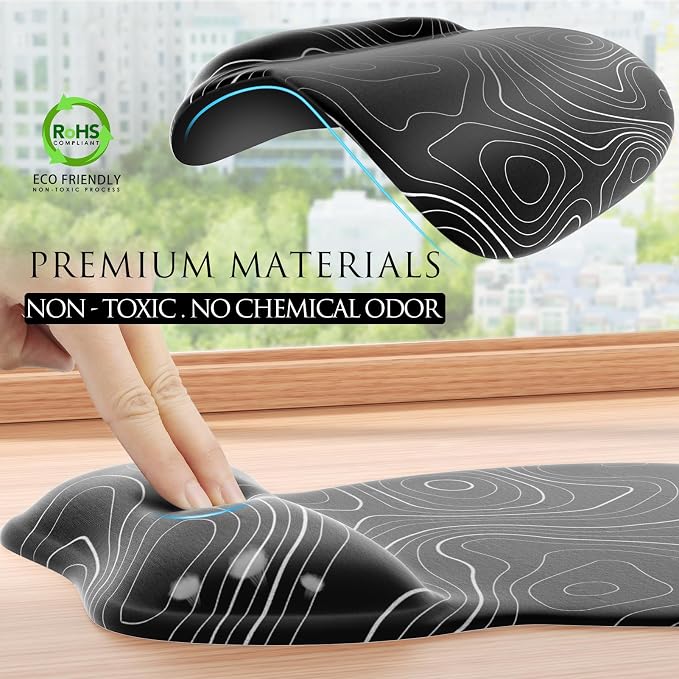 MROCO Ergonomic Mouse Pad Gel Wrist Rest, 9.4 x 8.1 in, Black Topographic | Ergonomic Shape Design, Multiple Pattern Options, Gel Wrist Comfort, Smooth Lycra Surface, Non-Slip PU Base