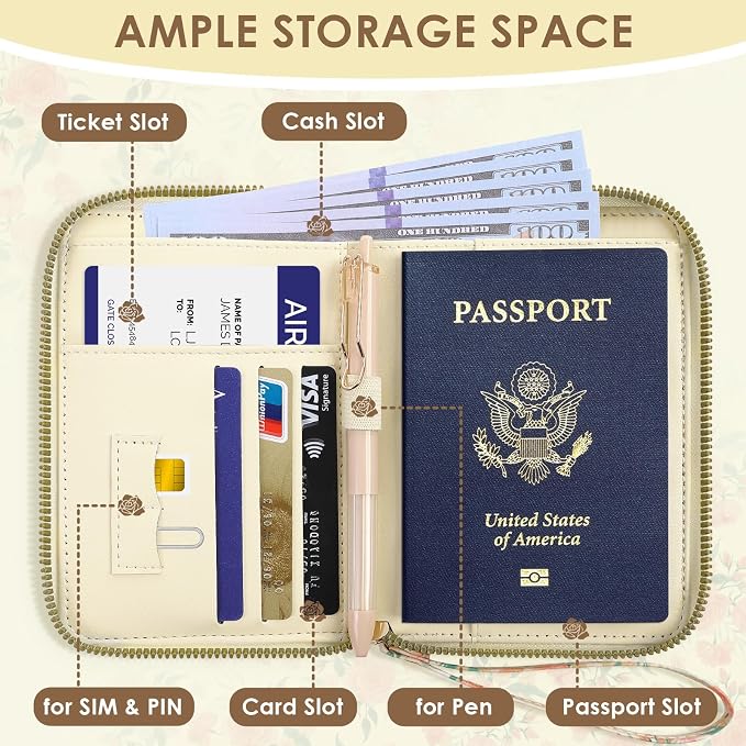 KONVINIT Beige Base Passport Holder For Travel, Passport Cover For Women | Leather RFID Blocking Passport Holder, Cute Passport Wallet with Zipper Closure, Passport Case for Women and Men