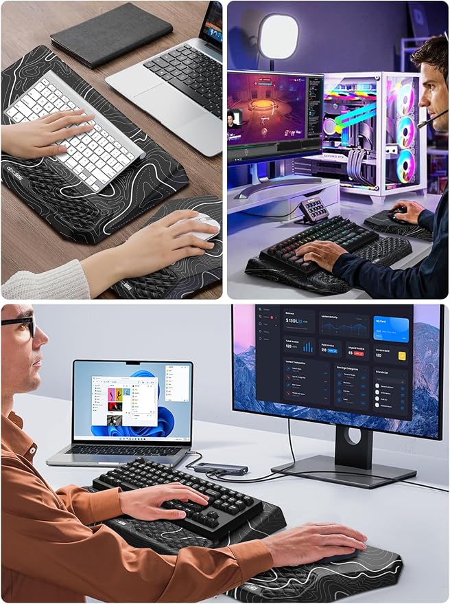 3-in-1 Ergonomic Keyboard Stand with Wrist Rest & Mouse Pad Set,Topographic | Comfy Keyboard Riser Holder Soft Mousepad with Massage Design, Memory Foam and Non-Slip PU Base for Pain Relief