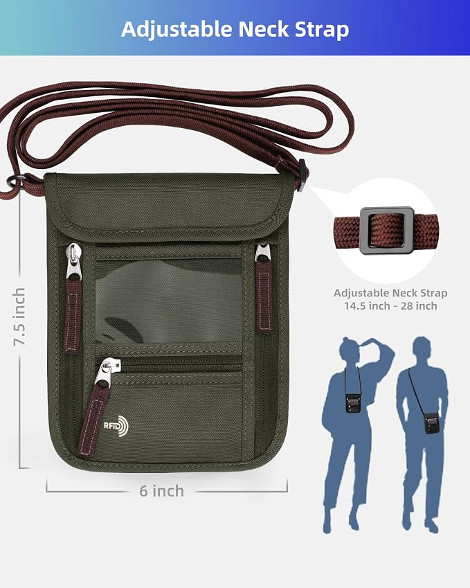 WALNEW Passport Holder Neck Pouch Travel Wallet for Women and Men, RFID Blocking Security Slim Traveling Wallet with Around Neck Lanyard Strap, Army Green | Around Neck Lanyard Strap, Travel Safety Anti Theft Bag, Neck Wallet for Traveling Women Men