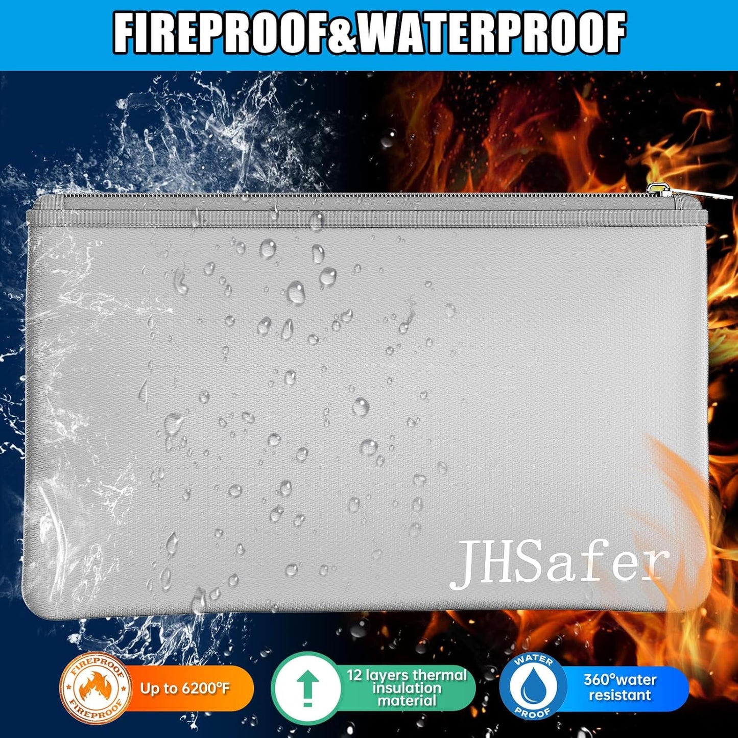 6400℉ Fireproof and Waterproof Money Bags 2pcs with Zipper,11''x6.3'' Fireproof Cash Bag with Zipper,Fireproof Wallet Envelope Safe Pouch Fireproof Bags for Cash Passports Keys Jewellery (Silver)