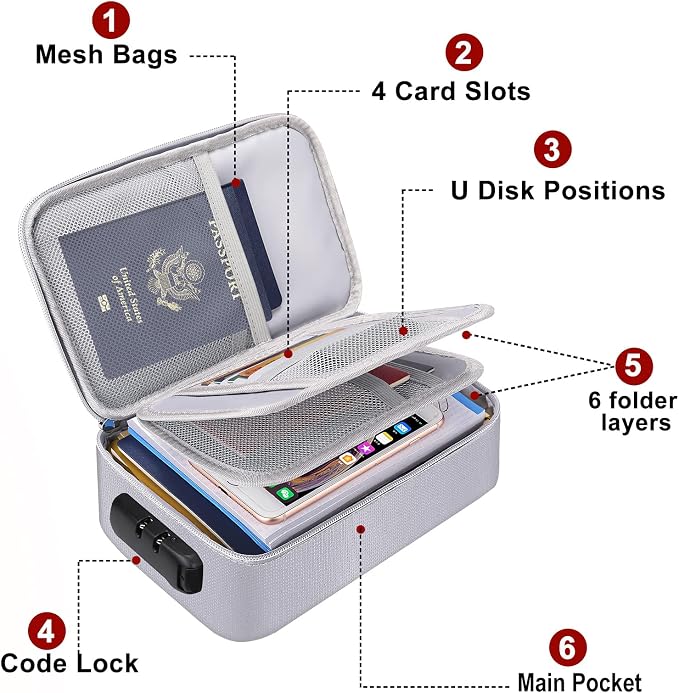 ENGPOW Small Fireproof Storage Organizer Case with Lock, 9”x 5.3”x 3.7” | Money Safe Wallet Carrying Bag with Multi-Pocket,Portable Home Travel for Cash,Card,Passport,Coin,Check,Bill,Soft Box,Silver