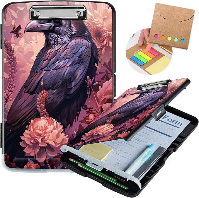 Clipboard with Storage,Storage Clipboard with Pen Holder,Heavy Duty Plastic Storage Clipboard with Low Profile Clip,Teacher Must Haves,Clipboard Folder,Office Supplies,Crows and Flowers -1344