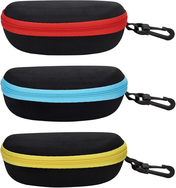 molshine 3 Pieces Portable Hard Shell Sunglasses Case, Zipper Eyewear Eyeglasses Case with Hook for Women Men Travel Sports