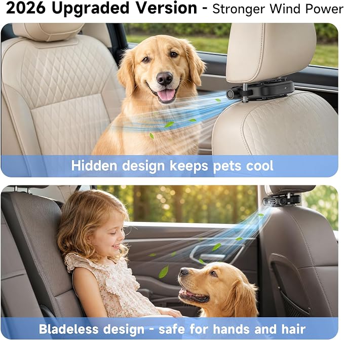 ViSSKO 2026 Car Fan for Backseat, USB Invisible Car Headrest Cooling Fan for Kids Replace Ventilated Seats with 3 Speeds Fit in Most Cars Vehicle Jeep Van RV Truck