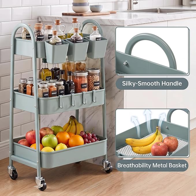 3-Tier Rolling Cart, Utility Cart Mobile Metal Rolling Storage Cart with Lockable Wheels & Hanging Cups & Hooks for Kitchen, Bathroom, Office, Workshop, Gray Blue