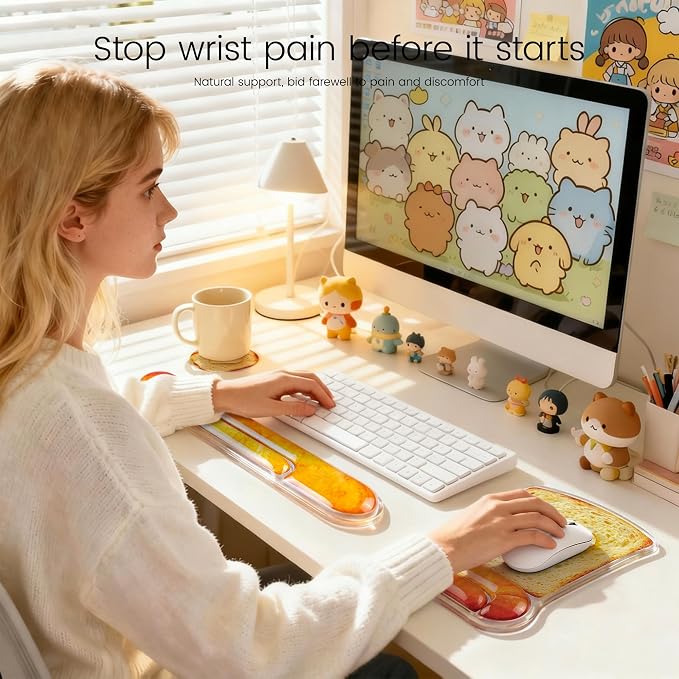 Ospelelf Mouse Pad and Keyboard Wrist Rest Cute Funny Gel Mousepad Set, Support for Typing Gaming, Relieve Wrist Pain, Cool & Easy to Clean, for Office, Programmer, Home Computer Use, Butter Bread