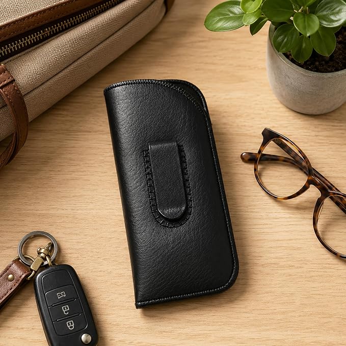 Calabria Slim Eye Glasses Case w/Clip Soft PU Leather Black Men Women Eyeglasses Pouch Slip-In Eyewear Holder Sunglass Bag - 100PACK