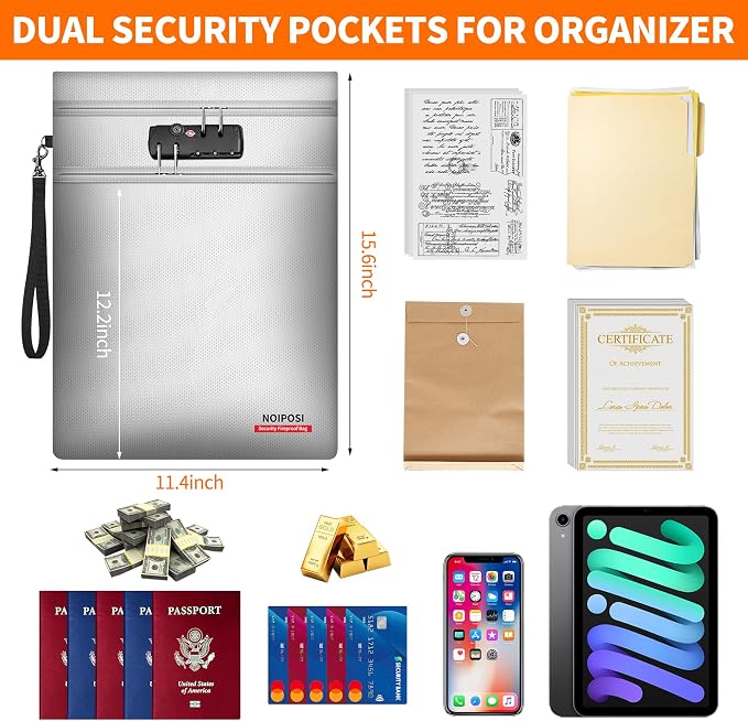 Noiposi 6400℉ Fireproof Document Bag with Lock,Dual-Zip Compartments 15x11 inch Fireproof Bag for Legal Letter Documents,12 Layers Heat Insulated Fireproof Waterproof Document Bag for Valuables,Silver