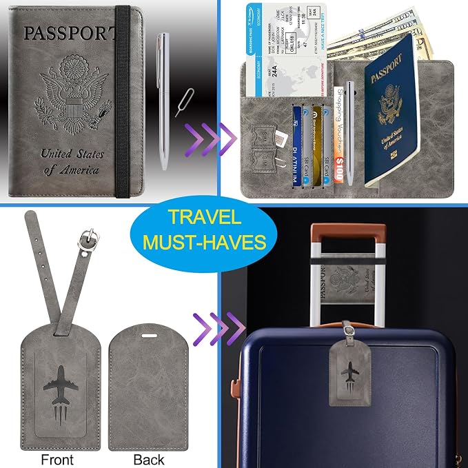 Passport Holder With Luggage Tag, Travel Essentials, Passport Cover | Passport Wallet, Travel Accessories, RFID Blocking, Synthetic Leather Card Case, International Must Haves, For Women Men