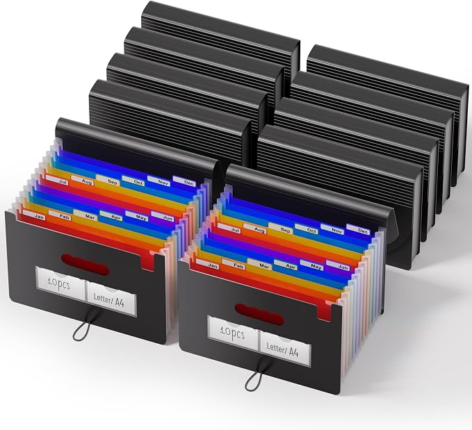 ThinkTex 10-Pack Accordion File Folders - 12 Pockets Bulk Organizer | , Heavy Duty Letter/A4 Document Holder with Color Tabs for Business Tax, School & Office & Back to School Supplies - Black