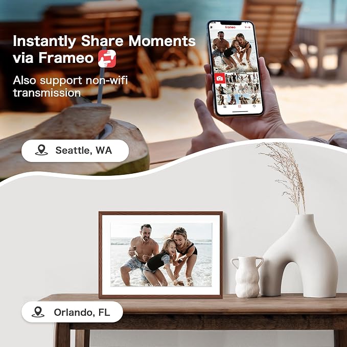 Digital Picture Frame, 10.1'' Frameo Digital Frame Wifi, 32GB Memory, 1280*800 HD Touch Screen Digital Photo Frame, Wall Mountable, Share Instantly, Birthday Gifts for Women, Mom Gift, Chocolate Brown