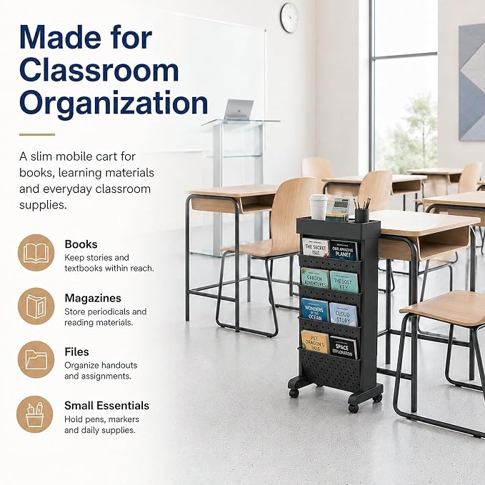 BYFU 5-Tier Movable Bookshelf Cart, 26.0" H, Black | Rolling Wheels, File Paper Storage Organizer, Mobile Bookcase, For Home Office Study Classroom