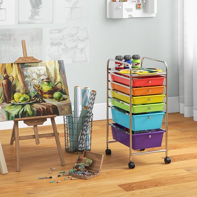 COSTWAY 6-Drawer Rolling Storage Cart, Art Craft Tools Organizer on Wheels | Multifunctional Heavy Duty Utility Mobile Storage Trolley w/ 2 Lockable Wheels for Home Office School (Multi-color)