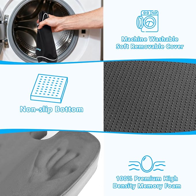 SweetSlubr Memory Foam Seat Cushion & Lumbar Support Pillow Set Black Large | U-shaped Cushion Design, Washable Mesh Cover, Adjustable Straps, Non-slip Base, Office Chair and Car Seat Use