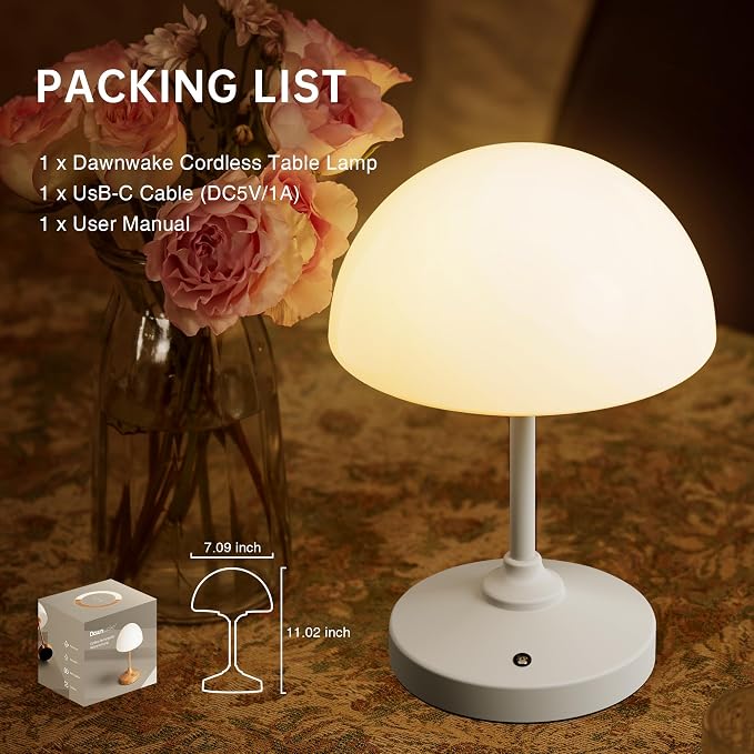 Mushroom Lamp Cordless Lamp Table Lamp,Outdoor Waterproof Shower Lamps,5000mAh Rechargeble Battery Operated Dimmable Touch Desk Lamps,LED Night Light for Bathroom Patio Camping Outdoor(White)