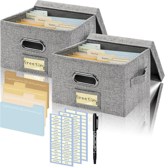 Greeting Card Organizer and Storage Box with 20 Pcs Adjustable Dividers, Storing Cards with 84 Pcs Labels Perfect for Storing Greeting Cards, Envelopes, Photos 2 Pack Grey