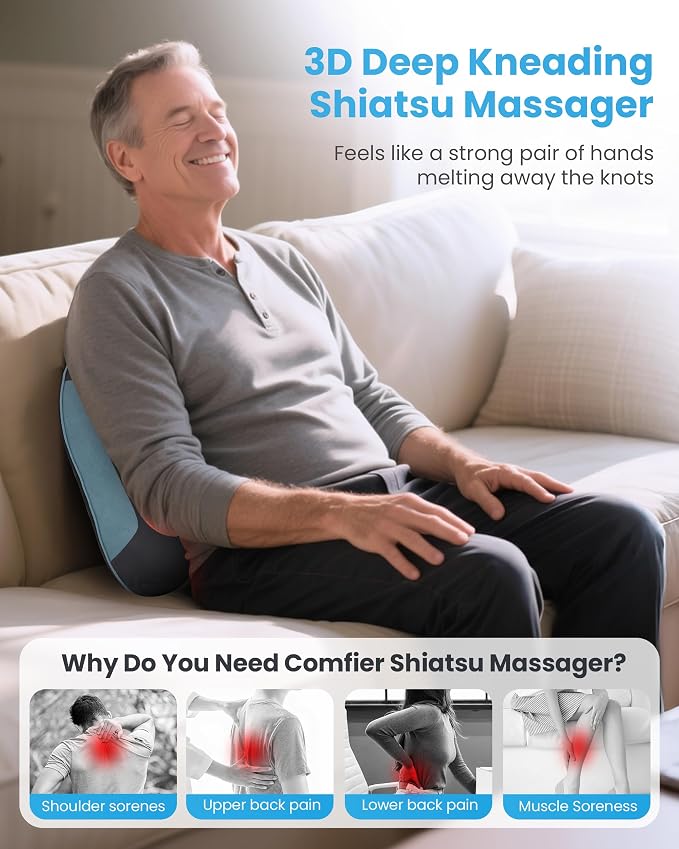 COMFIER Cordless Lumber Support Pillow for Office Chair, Lower Back Massager with Heat, Shiatsu Back Support Cushion, Rechargeable & Portable for Office, Home Use, Gift for Women