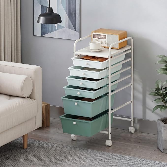 COSTWAY 6-Drawer Rolling Storage Cart, Art Craft Tools Organizer on Wheels | Multifunctional Heavy Duty Utility Mobile Storage Trolley w/ 2 Lockable Wheels for Home Office School (Green Gradient)