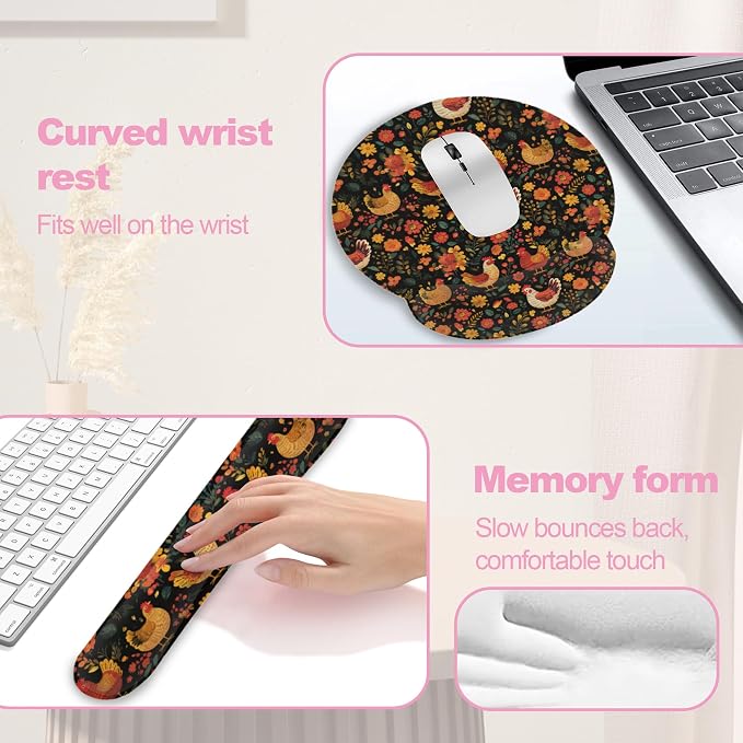 Chicken Rooster Hen Flower Meadow Mouse Pad with Wrist Rest Set,3-in-1 Wrist Support Mousepad Set,Gaming Mat Pad with Anti-Skid Base,Ergonomic Memory Foam Mouse Pad Set for Women,Office,Typing,Gaming