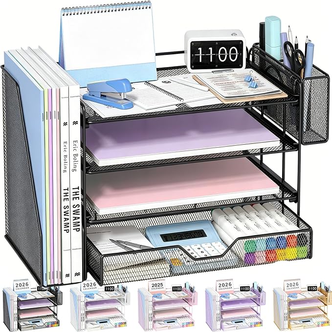 Desk Organizers and Accessories, 4-Tier Desktop File Organizer with Drawer and Pen Holders, Office Desk Accessories Workspace Organizers for Office Supplies (Soft Black)