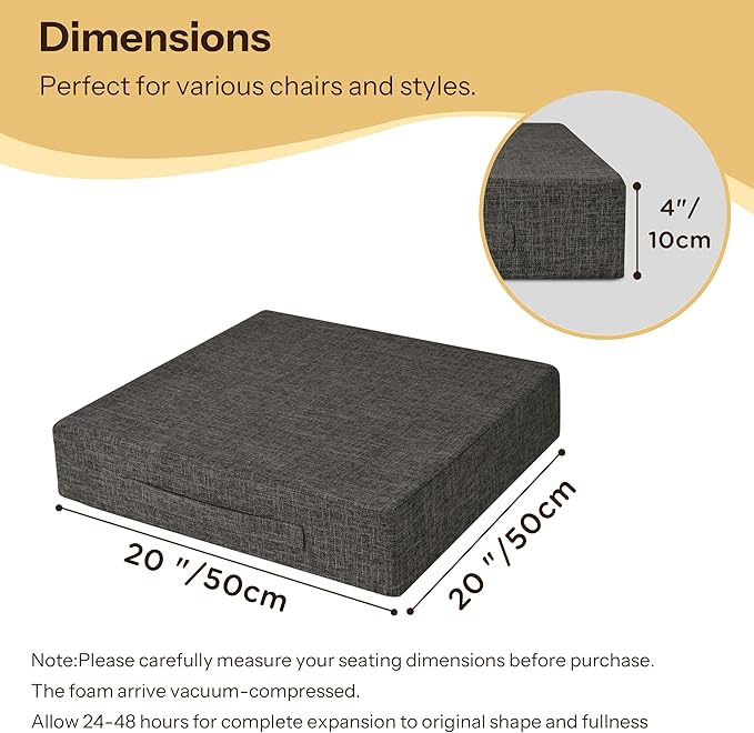 Recliner Cushions for Elderly 20X20X4 Inch Thick Seat Cushion for Recliner Chair with Non-Slip Bottom and Washable Cover Square Chair Cushions for Couch, Armchair, Floor (1, Dark Grey)