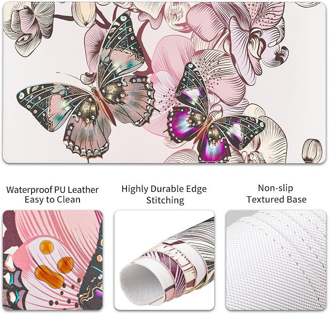 QIYI PU Leather Desk Mat Set, 4-in-1 Ergonomic Wrist Rest, Butterflies | Waterproof Large Mouse Pad 31.5×15.7 + Keyboard Wrist Rest + Mouse Wrist Support+Coaster, Non-Slip Office Gaming Accessories