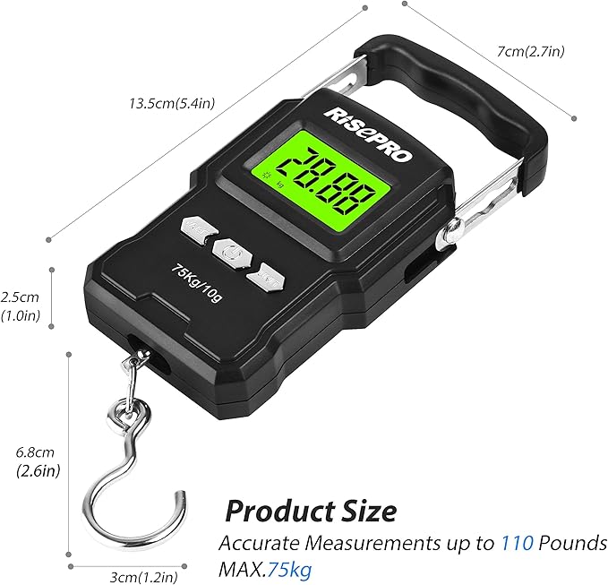 RISEPRO® 75Kg / 165Lb Digital Fish Scale with 39 Inch Ruler Electronic Luggage Balance Fishing Postal Hanging Hook Scale WHA08