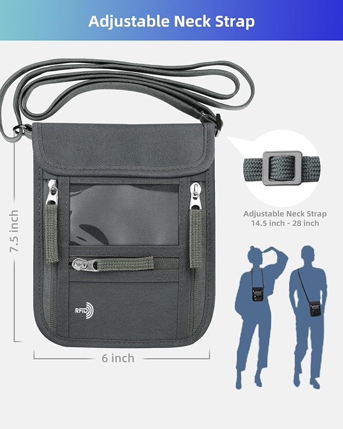WALNEW Passport Holder Neck Pouch Travel Wallet for Women and Men, RFID Blocking Security Slim Traveling Wallet with Around Neck Lanyard Strap, Gray | Around Neck Lanyard Strap, Travel Safety Anti Theft Bag, Neck Wallet for Traveling Women Men