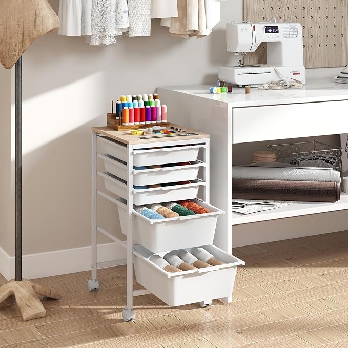 Giantex Rolling Storage Cart with 5 Drawers, Utility Cart w/Wooden Tabletop, Lockable Wheels, Multipurpose Organizer for Art Craft Books Paper, Drawer Carts for Dorm Classroom Office, White