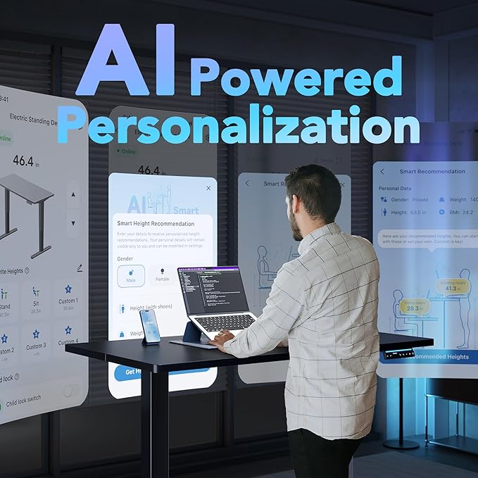 HUANUO AI-Powered Electric Standing Desk with Smart APP, Compatible with Alexa & Google, Adjustable Height, 6 Memory Settings, Sedentary Reminder, Ergonomic Sit-Stand Desk, 32-inch, Black