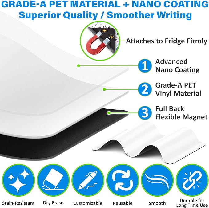 29x21” Magnetic Dry Erase White Board for Fridge w/ 3 Markers & Eraser | Yes4Quality Stain-Resistant Whiteboard Planner Organizer Sheet, Sticks to Most Refrigerators, Colorful Markers, Magnet Eraser