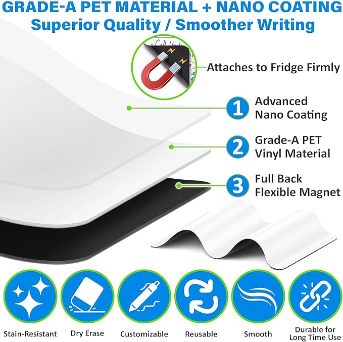 YES4QUALITY Magnetic Dry Erase White Board Sheet for Fridge 12x8 in, with Stain Resistant Technology, Includes 3 Markers and Big Eraser with Magnets, Small Refrigerator Whiteboard Planner