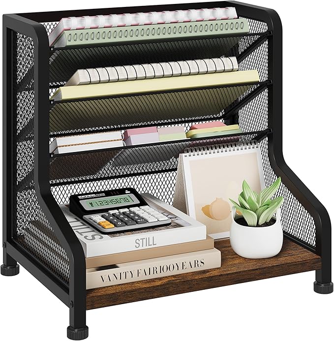 SWTYMIKI Paper Organizer, Mesh and Wood Desk Office Organizer, Office Organization and Binder Storage for Workspace, Home, School, Espresso