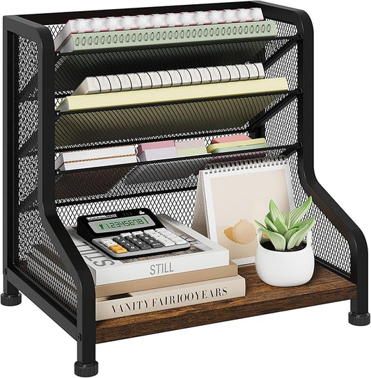 SWTYMIKI Paper Organizer, Mesh and Wood Desk Office Organizer, Office Organization and Binder Storage for Workspace, Home, School, Espresso