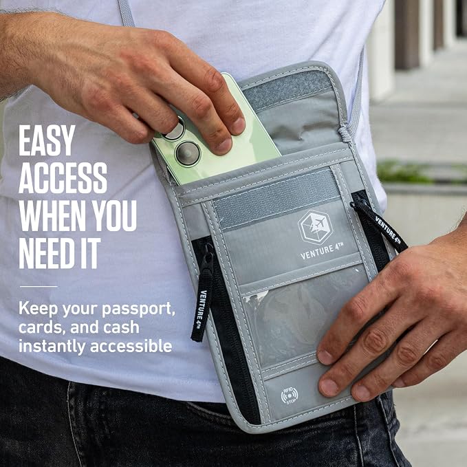 VENTURE 4TH Travel Neck Wallet, RFID Blocking Passport Holder - Pure Black