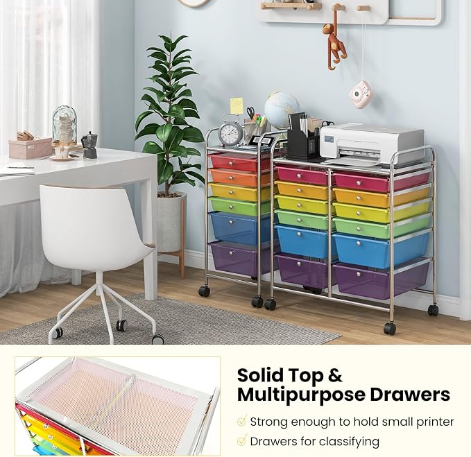 12 Drawer Rolling Storage Cart, Craft Cart Organizer on Wheels w/Metal Frame, Large Capacity & Smooth Drawer, Rolling Cart w/Drawers for Classroom, Office