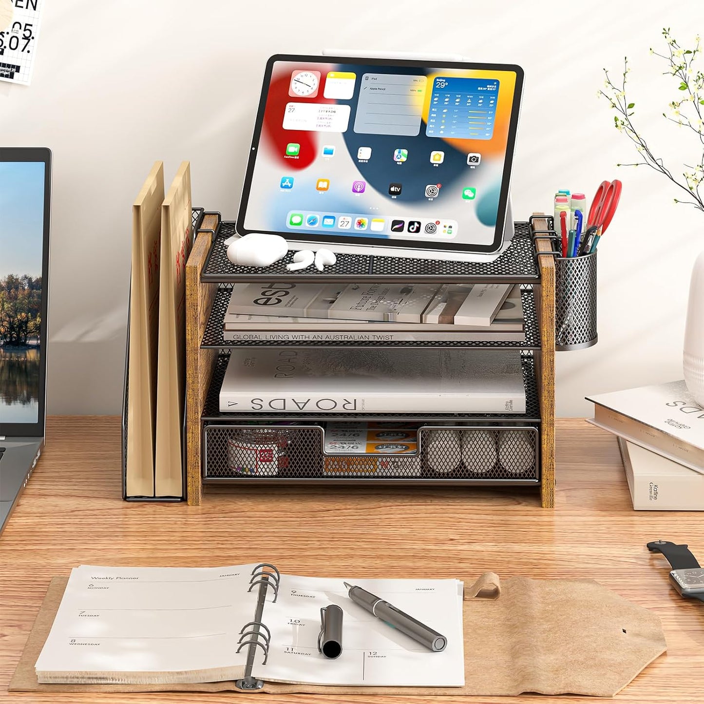 Wooden Desk Organizers and Accessories with File Holder, 4-Tier Paper File Organizer with Drawer & 2 Pen Holders, Office Desk Accessories, Desktop Organizer and Storage for Home Office Supplies