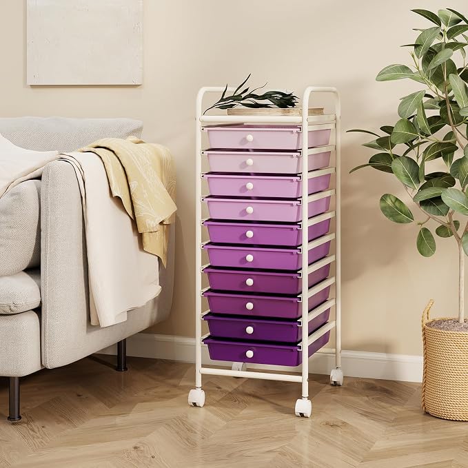 GLACER 10 Drawers Rolling Cart, Storage Cart with w/Removable Drawers & Steel Frame, Utility Mobile Trolley w/Universal Casters & 2 Brakes, Organizer Cart for Home, Office (Purple Gradient)