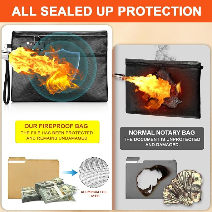 6400°F Fireproof Document Bag with Combination Lock - Heat Resistant Money Bag for Cash, Passports, Deeds, Phones, Waterproof Fire Proof Bag (Black)