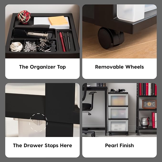 IRIS USA 3-Drawer Rolling Storage Cart, Black/Pearl | Keep classroom supplies, teacher essentials, craft materials, and learning tools organized with easy-access drawers.