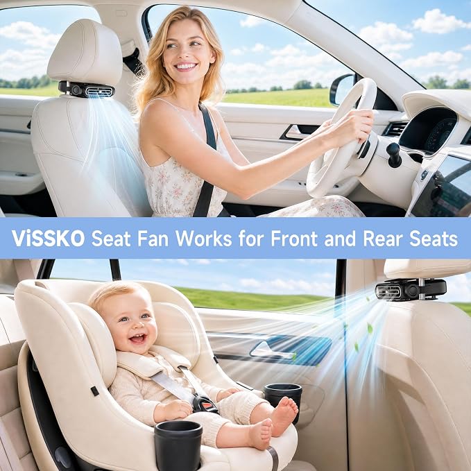 ViSSKO 2026 Car Fan for Backseat, USB Invisible Car Headrest Cooling Fan for Kids Replace Ventilated Seats with 3 Speeds Fit in Most Cars Vehicle Jeep Van RV Truck