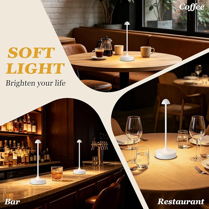 Kakanuo Rechargeable Cordless Table Lamp, Battery Operated Lamps, 3-Color Stepless Dimming, Portable Wireless Desk Lamp, LED Lighting for Dining Room, Restaurant, Office, Bar, Home(White 2 Pack)