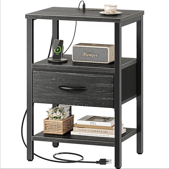 SUPERJARE Nightstand with Charging Station, USB-C Port, Bedside Table | Night Stand for Bedroom, with Adjustable Fabric Drawer, 3-Tier Storage End Table, for Living Room